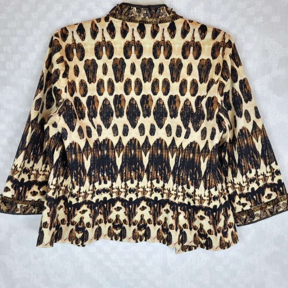 Chico's tribal print ivory black jacket brown beading tab collar artsy ethnic S